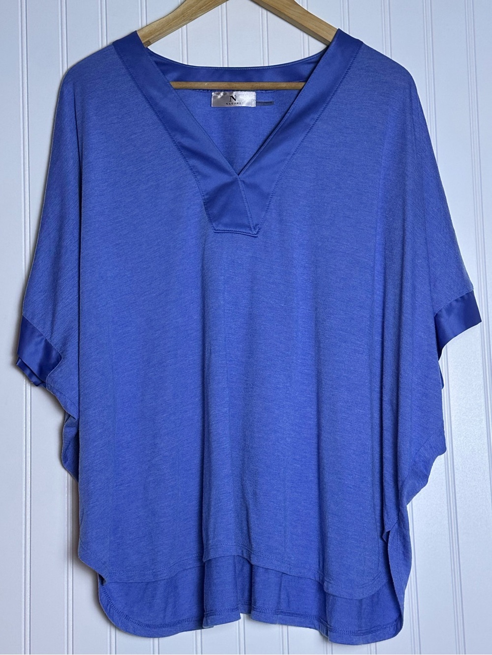 Natori Womens Blue Stretch Knit V-Neck Flowy Tunic Lounge Top L Oversized